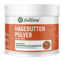 AniForte® Hagebuttenpulver für Hunde und Katzen in einem Glas mit Dosierlöffel – natürliche Unterstützung für Immunsystem und Gelenke