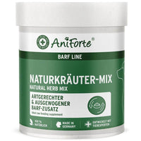 Das Bild zeigt einen Behälter des AniForte Naturkräuter-Mix, einem Zusatz für die Rohfütterung von Hunden. Es wird als artgerechter und ausgewogener BARF-Zusatz beschrieben, der 100% natürliche Inhaltsstoffe enthält und in Deutschland hergestellt wurde. Der Behälter gehört zur BARF-Linie von AniForte.