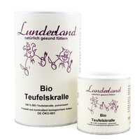 Dosen Lunderland Bio Teufelskralle in verschiedenen Größen. Jede Dose ist mit dem Logo und dem Text "100% Bio Teufelskralle, pulverisiert" sowie der Angabe "Produkt aus kontrolliert biologischem Anbau" versehen.