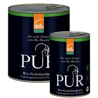 Geöffnete Dose PUR Bio-Grünlandpute mit naturbelassenem Bio-Putenfleisch und Innereien, ideal für BARF oder Ausschlussdiät bei futtersensiblen Hunden – ohne Zusätze, getreidefrei.