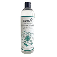 Flasche mit dem "Tierfee Universalreiniger", einem tiergerechten Reinigungsmittel für den Haushalt, das sanft zum Tier und stark gegen Schmutz ist. Auf dem Etikett steht "Tiergerechter Universalreiniger" mit der Zusatzbeschreibung "Sanft zum Tier, stark gegen Schmutz". Die Flasche ist transparent und wird von einem grünen Deckel abgeschlossen.