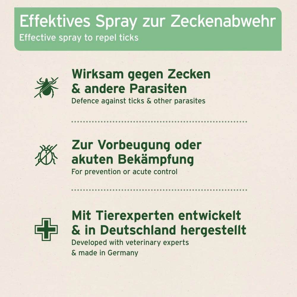 Aniforte® Zecken-Spray, wirksam gegen Zecken und andere Parasiten, zur Vorbeugung und Bekämpfung, entwickelt mit Tierexperten und in Deutschland hergestellt.
