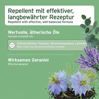 Repellent mit effektiver, langbewährter Rezeptur, enthält wertvolle ätherische Öle wie Schwarzkümmel, Teebaum, Zitroneneukalyptus und Lavendel, sowie wirksames Geraniol.