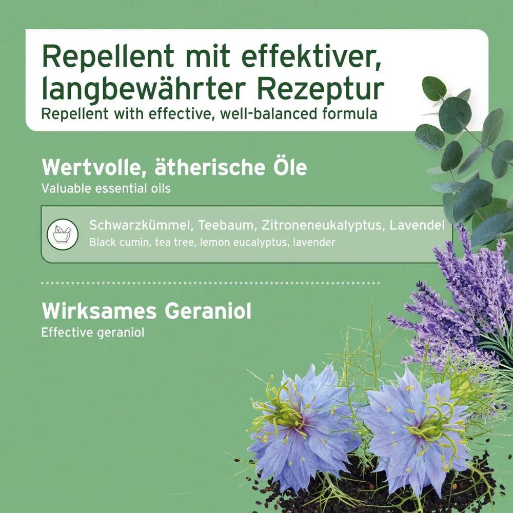 Repellent mit effektiver, langbewährter Rezeptur, enthält wertvolle ätherische Öle wie Schwarzkümmel, Teebaum, Zitroneneukalyptus und Lavendel, sowie wirksames Geraniol.