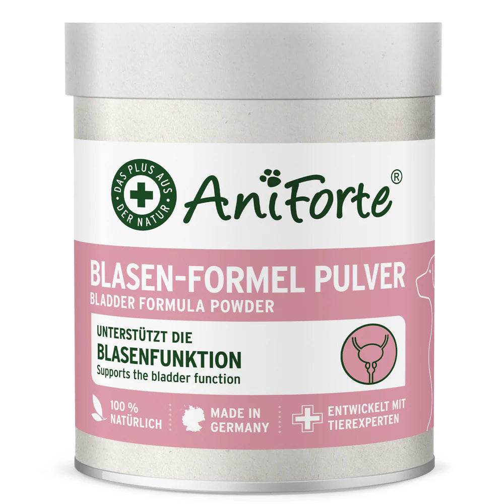Das Bild zeigt das Etikett eines Ergänzungsfuttermittels in Pulverform namens "Blasen-Formel Pulver" von AniForte. Das Pulver unterstützt die Blasenfunktion bei Hunden und wird als natürliches Produkt aus Deutschland beworben. Es wird zur Unterstützung der Blasengesundheit und -funktion empfohlen und enthält keinerlei künstliche Zusatzstoffe.