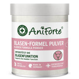 Das Bild zeigt das Etikett eines Ergänzungsfuttermittels in Pulverform namens "Blasen-Formel Pulver" von AniForte. Das Pulver unterstützt die Blasenfunktion bei Hunden und wird als natürliches Produkt aus Deutschland beworben. Es wird zur Unterstützung der Blasengesundheit und -funktion empfohlen und enthält keinerlei künstliche Zusatzstoffe.