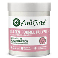 Das Bild zeigt das Etikett eines Ergänzungsfuttermittels in Pulverform namens "Blasen-Formel Pulver" von AniForte. Das Pulver unterstützt die Blasenfunktion bei Hunden und wird als natürliches Produkt aus Deutschland beworben. Es wird zur Unterstützung der Blasengesundheit und -funktion empfohlen und enthält keinerlei künstliche Zusatzstoffe.