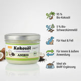 ANIBIO Bio-Kokosöl mit Schwarzkümmelöl Featurebild mit Kokosöl, Schwarzkümmelöl sowie Hinweisen zu Haut, Fell und innerer Anwendung