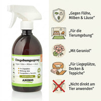ANIBIO Umgebungs-Spray Featurebild mit Geraniol für Liegeplätze, Decken, Teppiche und andere Bereiche der Tierumgebung