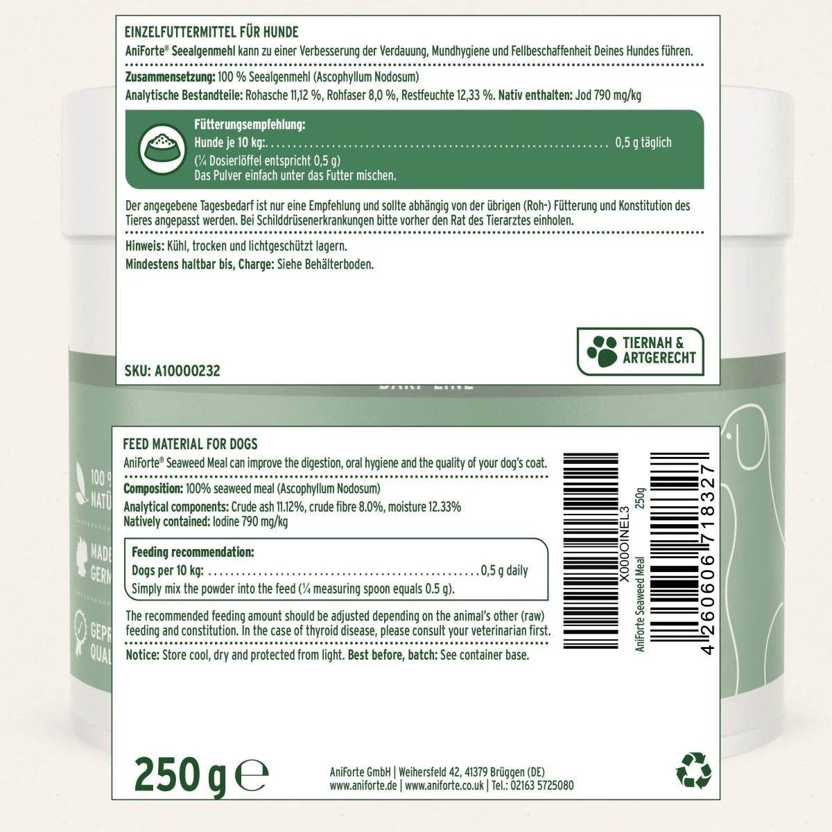 AniForte® Seealgenmehl für Hunde, natürlicher BARF-Zusatz zur Unterstützung der Mundhygiene, Haut, Fell, Zähne und Verdauung.