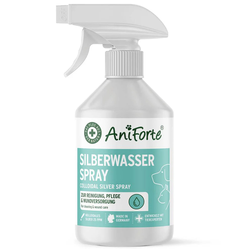 AniForte Silberwasser Spray 25 ppm mit 99,99% reinem Silber und Osmosewasser. Zur äußerlichen Pflege und Reinigung für Hunde, Katzen und Kleintiere.