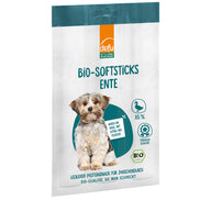 Bio Enten Protein-Sticks für Hunde mit 85 % Entenfleisch. Weicher, getreidefreier Single-Protein-Snack mit Leinmehl, ideal zum Training und Belohnen.