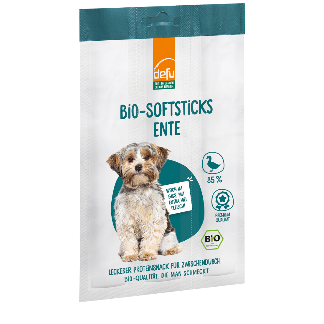 Bio Enten Protein-Sticks für Hunde mit 85 % Entenfleisch. Weicher, getreidefreier Single-Protein-Snack mit Leinmehl, ideal zum Training und Belohnen.
