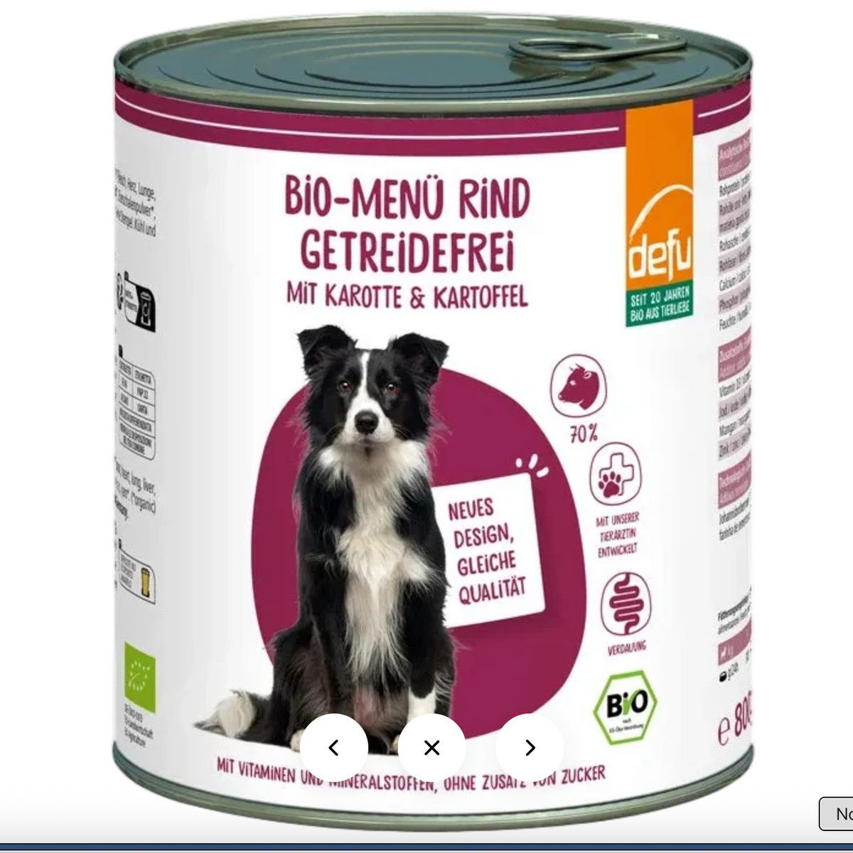 Defu Bio Rind High Sensitive: getreidefreies Bio-Nassfutter für Hunde mit 70 % Bio-Rind als Monoprotein, Karotten, Kartoffeln und Fenchel. Ohne Gluten.