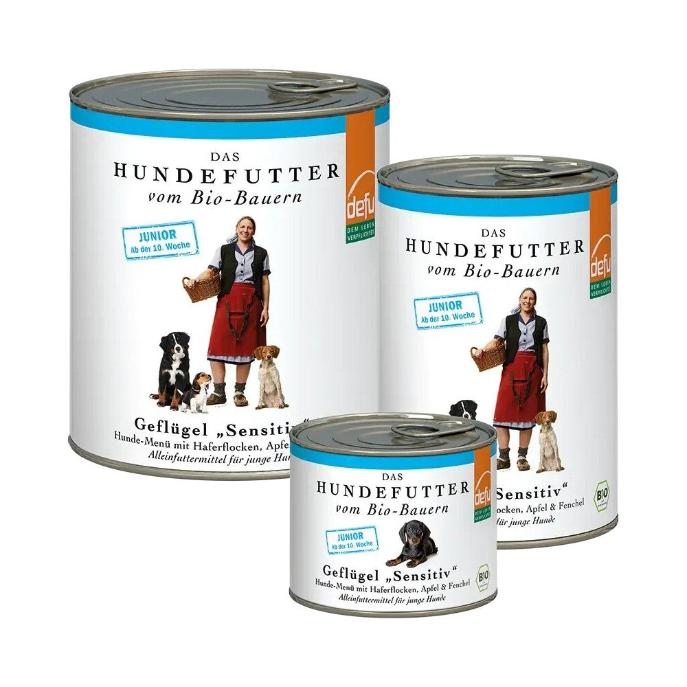 Dose Junior Geflügel Sensitive – Bio-Nassfutter mit Huhn, Pute, Ente, Gans, Gemüse und Haferflocken für junge Hunde ab der 10. Woche