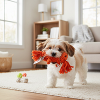Hund spielt mit handgefertigtem Baumwollspielzeug Eike – nachhaltiges DOGood Hundespielzeug für Zahnreinigung und Spielspaß“