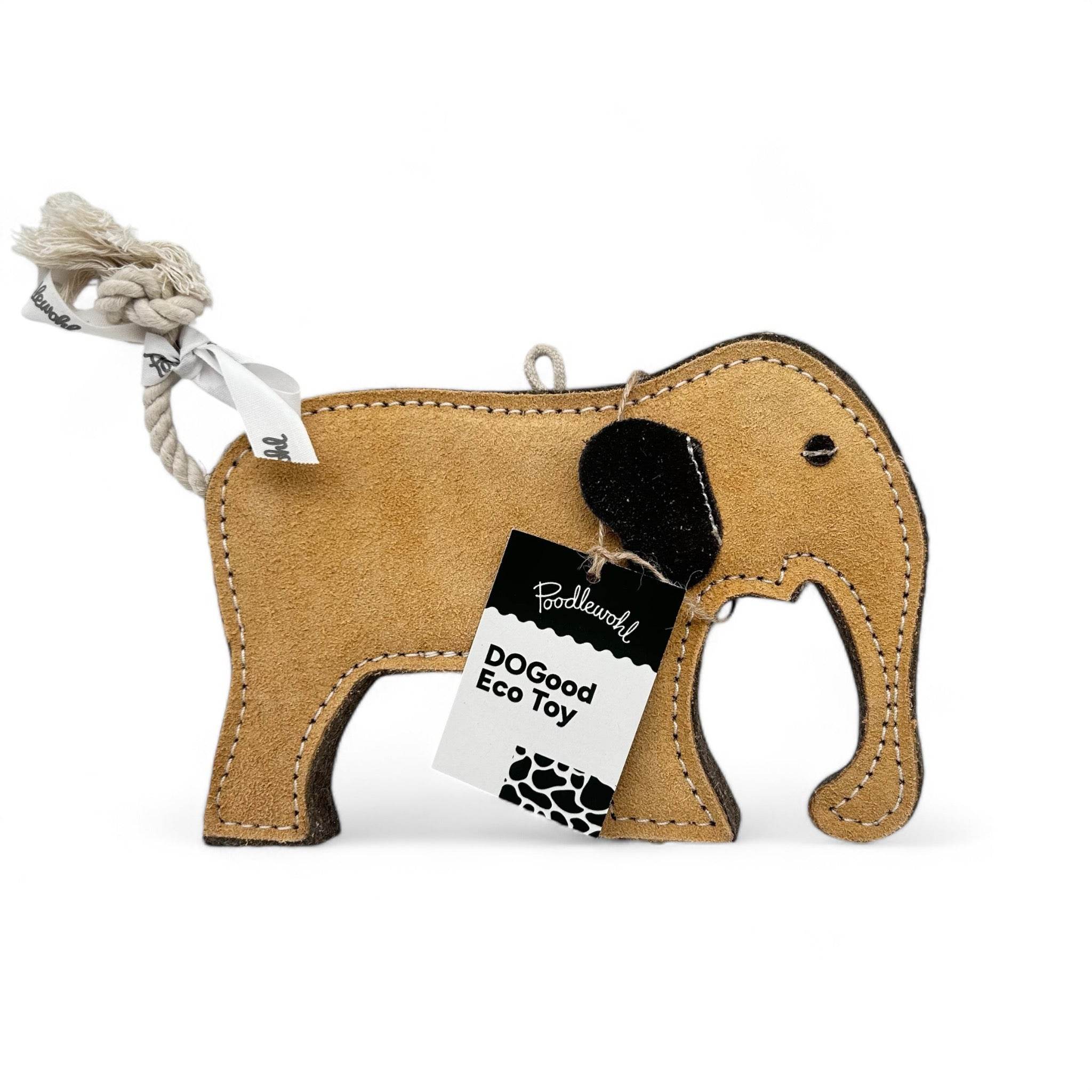 Das DoGood Eco Toy "Elmar der Elefant" ist ein umweltfreundliches Hundespielzeug aus 100 % natürlichen, biologisch abbaubaren Materialien wie Jute, Baumwolle und Upcycling-Wildleder. Es enthält kein Plastik, keine schädlichen Stoffe und fördert den Tierschutz durch Spenden an Tierheime.