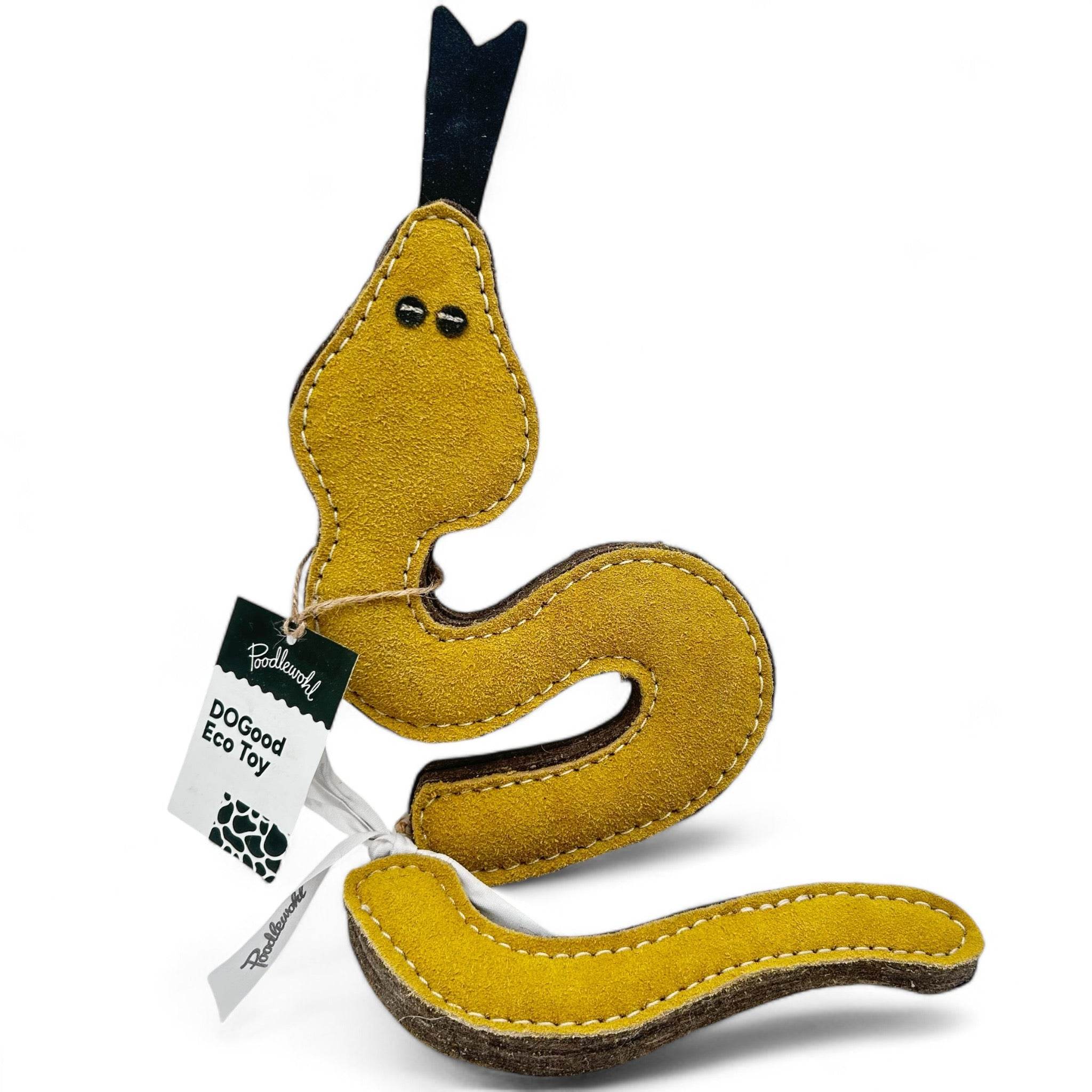 Das DoGood Eco Toy "Shari die Schlange" ist ein umweltfreundliches Hundespielzeug aus 100 % natürlichen, biologisch abbaubaren Materialien wie Jute, Baumwolle und Upcycling-Wildleder. Es enthält kein Plastik, keine schädlichen Stoffe und fördert den Tierschutz durch Spenden an Tierheime.