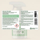 Etikett eines Abwehrsprays für Hunde, das für den Schutz vor Zecken und anderen Parasiten sorgt. Das Spray enthält ätherische Öle wie Nachtkerzenöl, Lavendelöl und Geraniol, und die Anwendung erfolgt durch Sprühen auf verschiedene Körperbereiche des Hundes, z.B. Pfoten und Bauch.