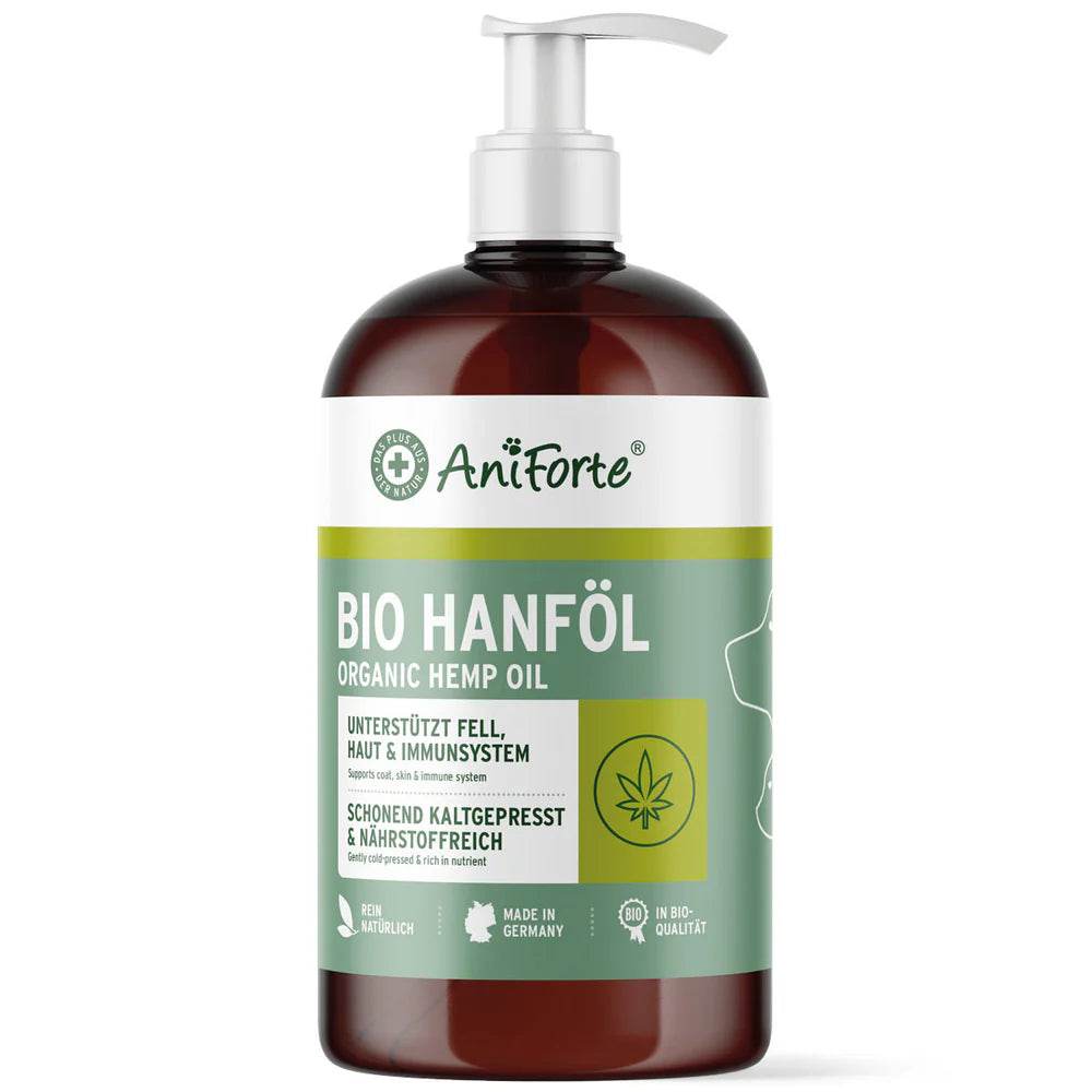 AniForte® Bio Hanföl für Hunde, Katzen und Pferde – kaltgepresst aus biologischem Anbau, reich an Omega-3 und Omega-6 Fettsäuren, zur Unterstützung von Haut, Fell und Immunsystem
