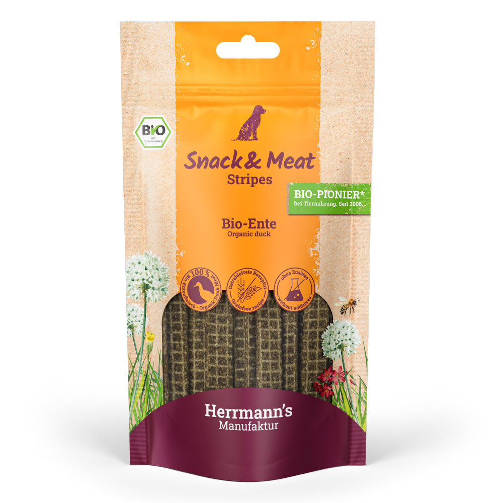 Herrmann's Snack & Meat Stripes Bio-Ente: Hundesnack aus 100 % Bio-Entenfleisch, getreidefrei und ohne künstliche Zusätze. Ideal für Training und Belohnung.