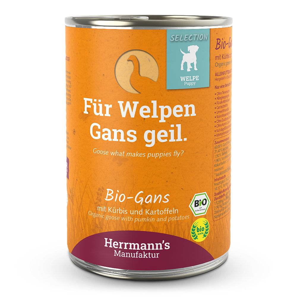 Herrmann’s Bio-Welpenfutter mit Gans, Kartoffel und Kürbis – hochwertiges Monoprotein-Alleinfutter für heranwachsende Hunde