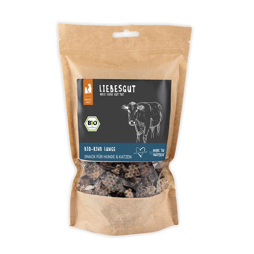 iebesgut Bio-Rinderlunge für Hunde: 100 % Bio-Rinderlunge, proteinreich, getreidefrei und fettarm. Kleine Trainingshappen im wiederverschließbaren 150-g-Beutel.