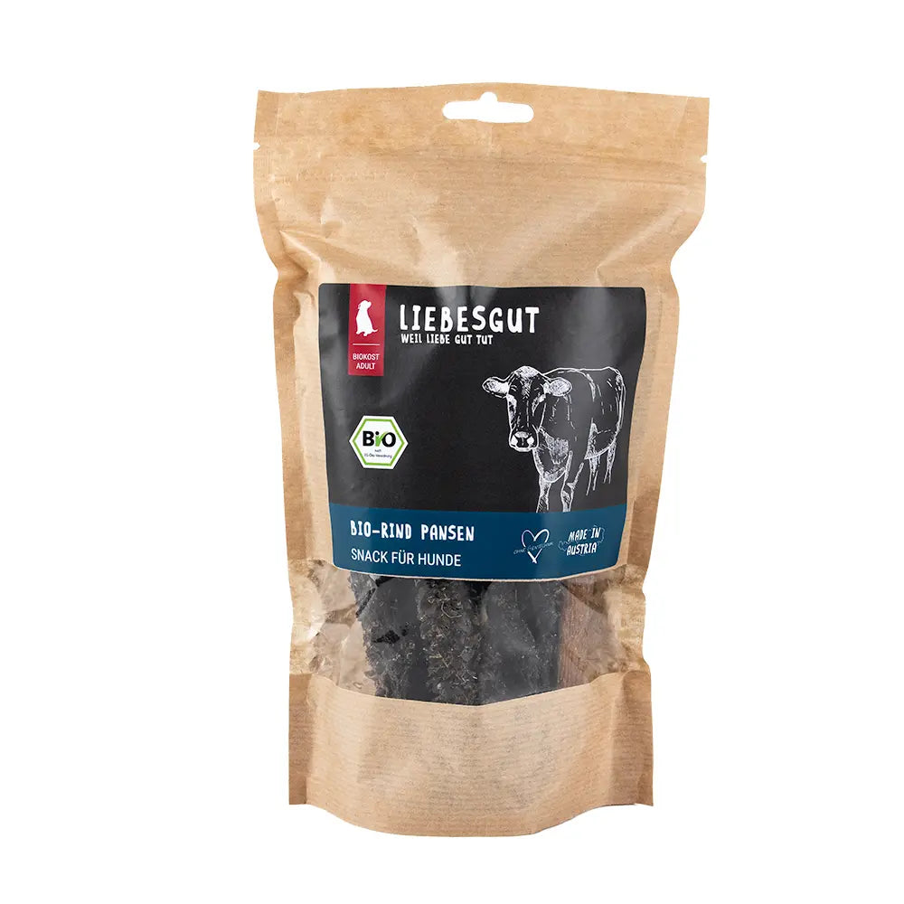 Liebesgut Bio-Rind Pansen: luftgetrockneter Naturkauartikel aus 100% Rind. Monoprotein, getreidefrei, fettarm, milder Geruch. 150g Beutel.