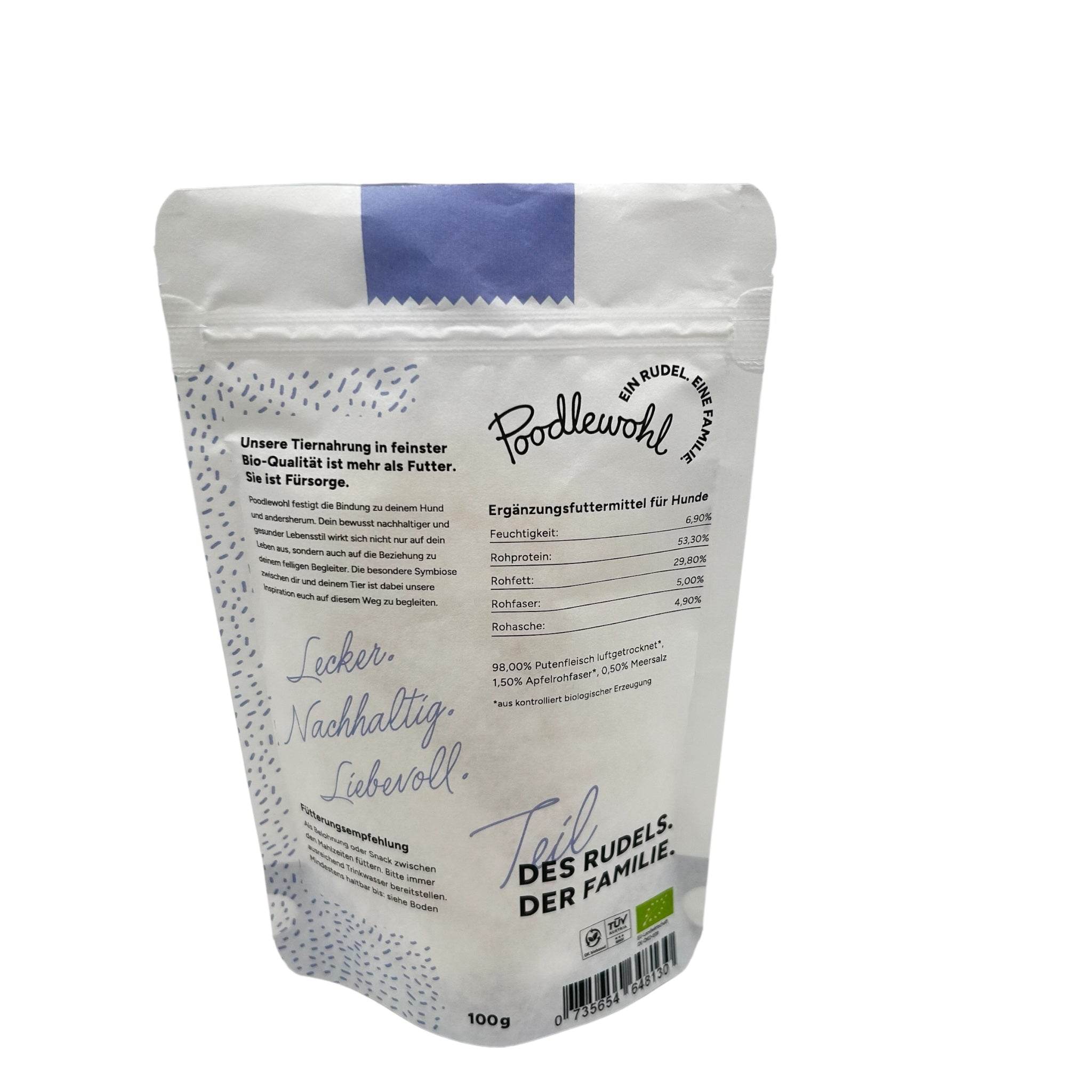 Rückseite der Verpackung vom Bio-Putensnack mit Apfel – Zutatenliste, Analysewerte und Bio-Zertifizierung sichtbar