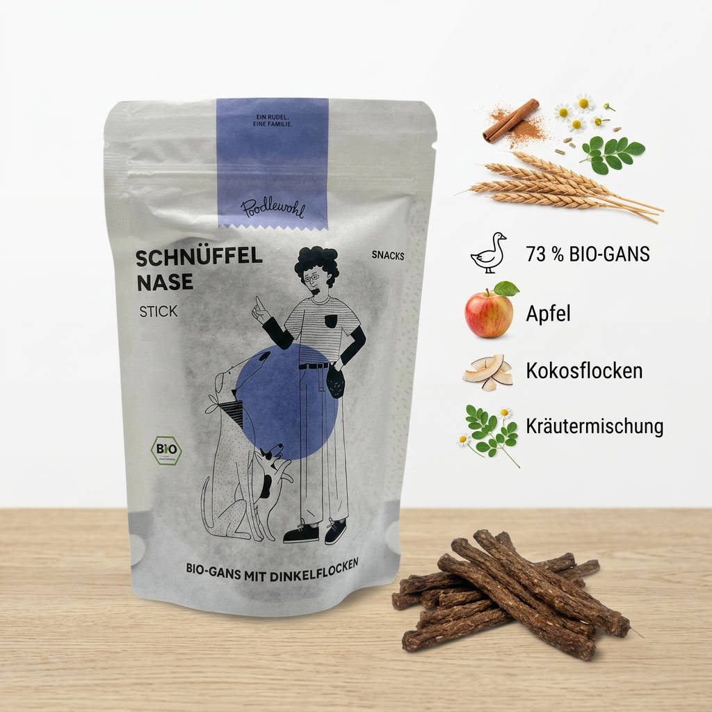 Poodlewohl Bio-Gans Stickis Rezepturbild mit 73 Prozent Bio-Gans, Dinkelflocken, Apfel, Kokosflocken und Kräutermischung