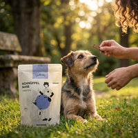 Poodlewohl Bio-Huhn Streifen Snack-Beutel mit kleinem Huhn-Streifen beim Hundetraining im Park oder Garten
