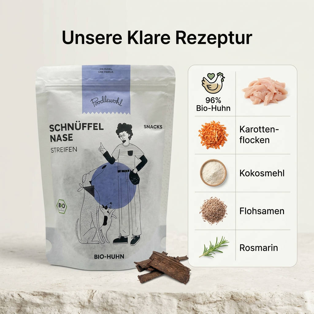 Poodlewohl Bio-Huhn Streifen Rezepturbild mit 96 Prozent Bio-Huhn, Karottenflocken, Kokosmehl, Flohsamen, Rosmarin und biobasierter Verpackung