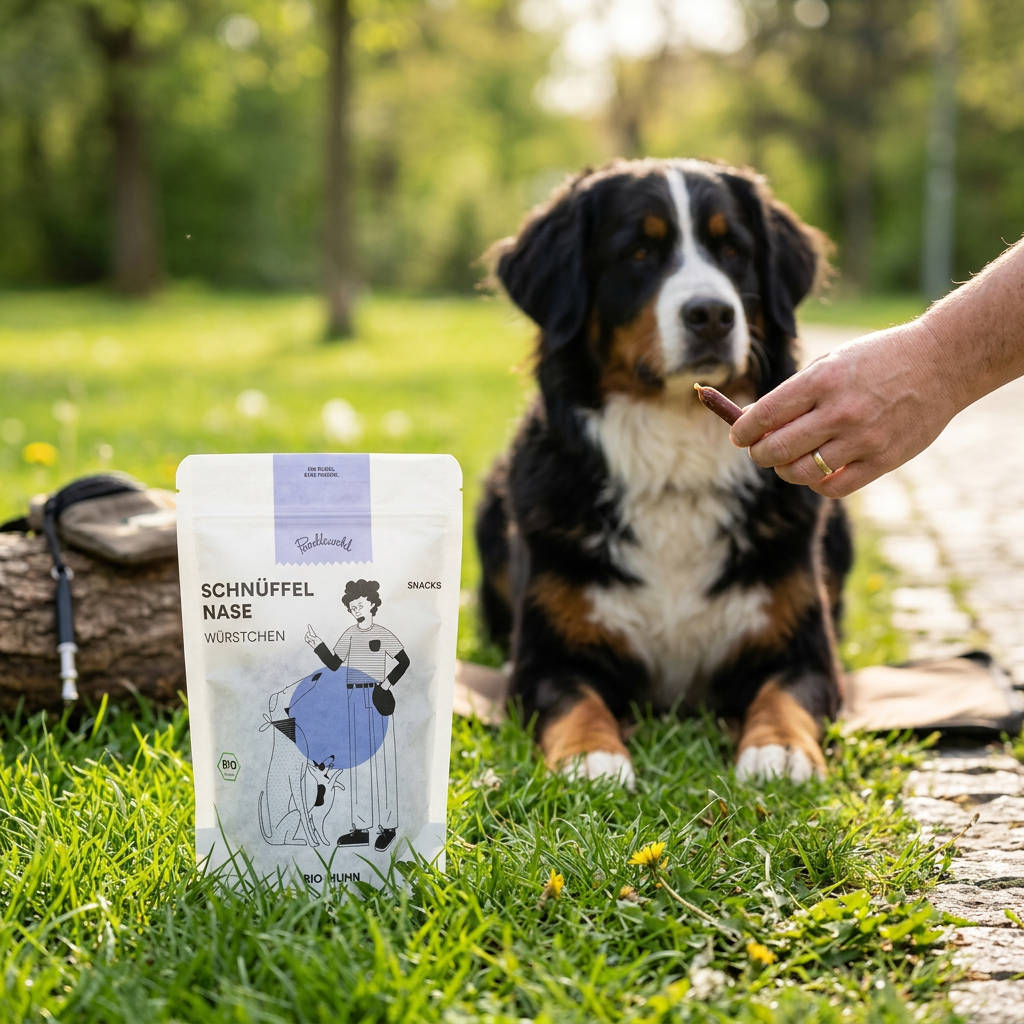 Poodlewohl Bio-Huhn Würstchen Snack-Beutel mit kleinem Huhn-Würstchen beim Hundetraining im Park oder Garten