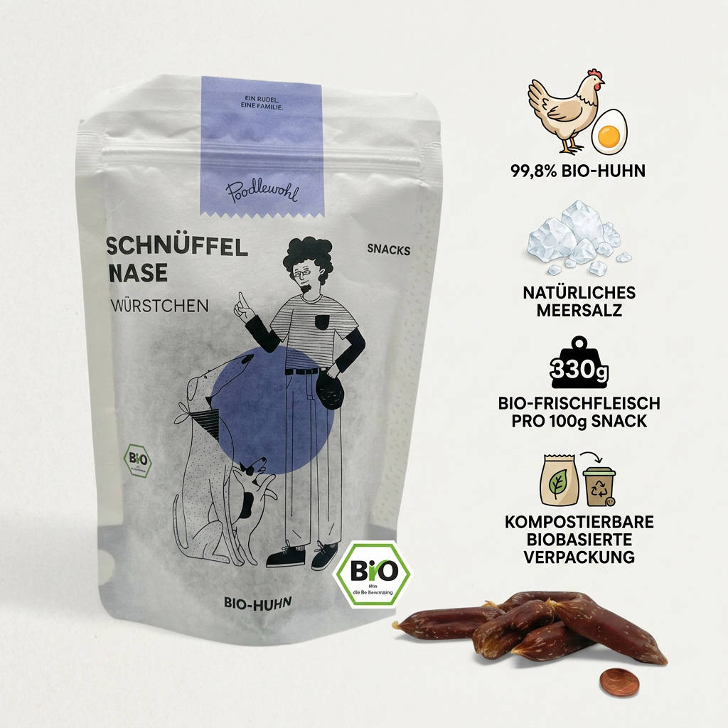 Poodlewohl Bio-Huhn Würstchen Rezepturbild mit 99,8 Prozent Bio-Huhn, Meersalz, 330 g Bio-Frischfleisch und biobasierter Verpackung