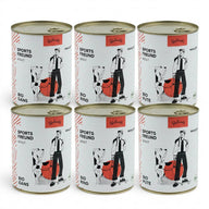Poodlewohl Bio-Nassfutter Bundle 6x800g mit zwei Dosen Gans Adult, zwei Dosen Rind Adult und zwei Dosen Pute Adult auf weißem Hintergrund