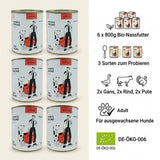 Poodlewohl Bio-Nassfutter Bundle 6x800g Featurebild mit je zwei Dosen Gans, Rind und Pute Adult für ausgewachsene Hunde