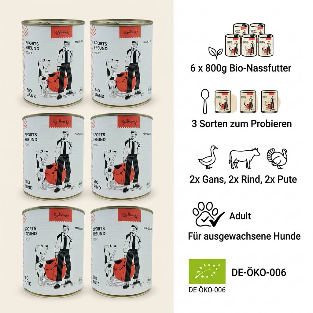 Poodlewohl Bio-Nassfutter Bundle 6x800g Featurebild mit je zwei Dosen Gans, Rind und Pute Adult für ausgewachsene Hunde