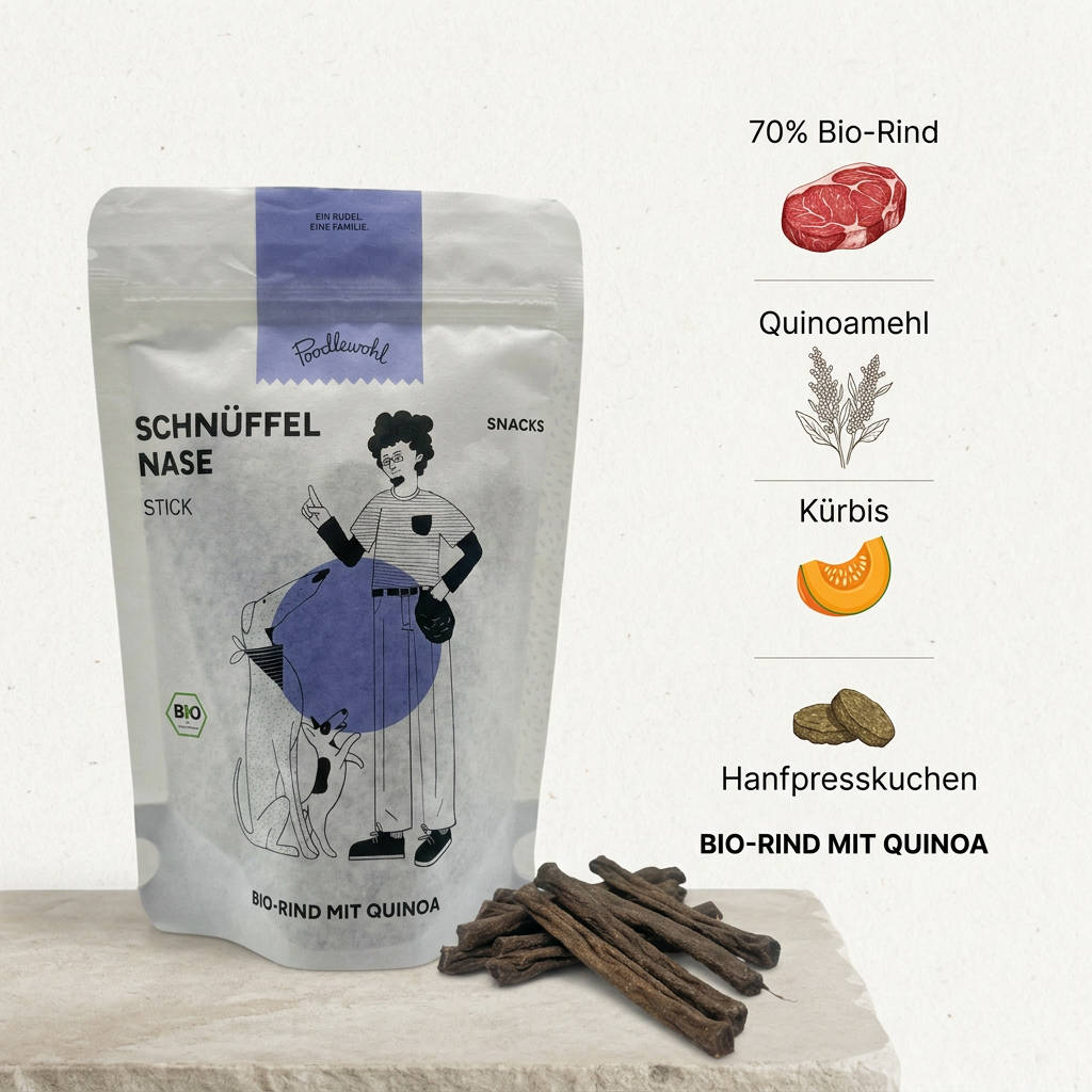 Poodlewohl Bio-Rind Stickis Rezepturbild mit 70 Prozent Bio-Rind, Quinoamehl, Kürbis, Hanfpresskuchen und biobasierter Verpackung