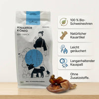 Poodlewohl Bio-Schweineohren Rezepturbild mit 100 Prozent Bio-Schweineohren, leicht geräucherter Verarbeitung und natürlichem Kauspaß