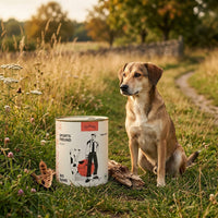 Poodlewohl Bio Nassfutter Gans Adult Dose neben erwachsenem Hund auf natürlicher Wiese als Bio-Mahlzeit für ausgewachsene Hunde