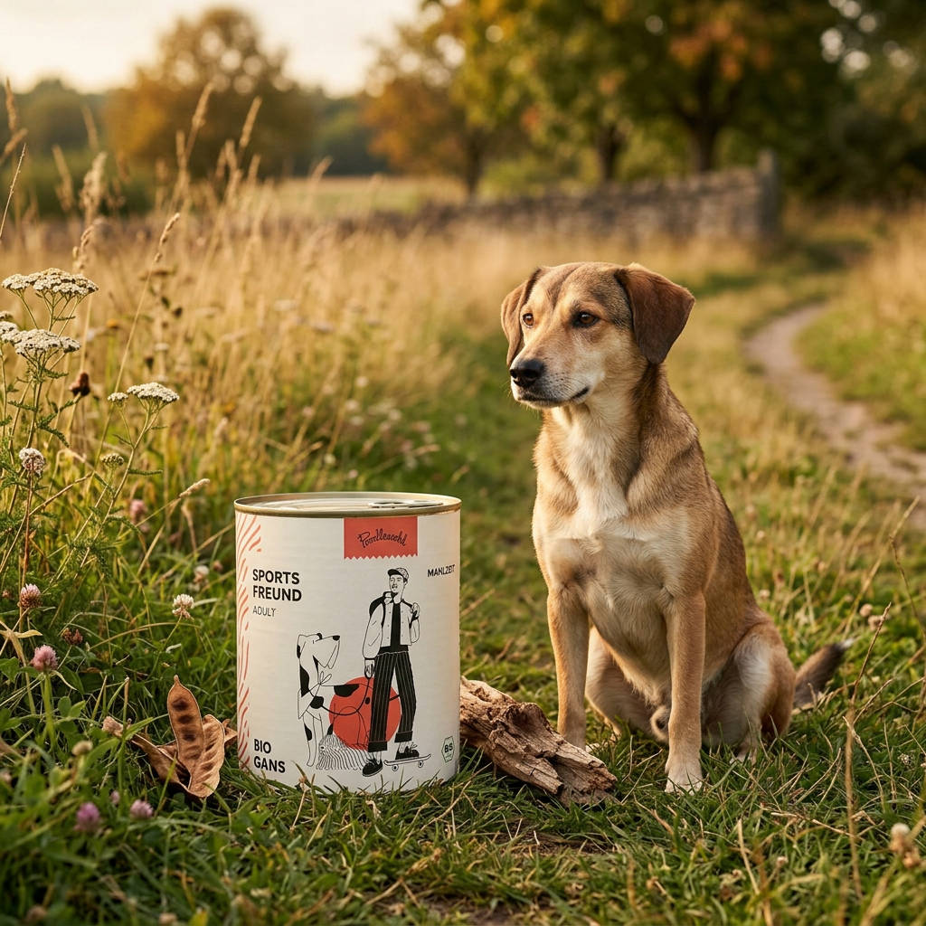 Poodlewohl Bio Nassfutter Gans Adult Dose neben erwachsenem Hund auf natürlicher Wiese als Bio-Mahlzeit für ausgewachsene Hunde