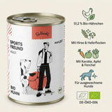 Poodlewohl Bio Nassfutter Huhn Adult Featurebild mit 51,2 Prozent Bio-Hähnchen, Hirse, Haferflocken, Karotte, Apfel und Fenchel