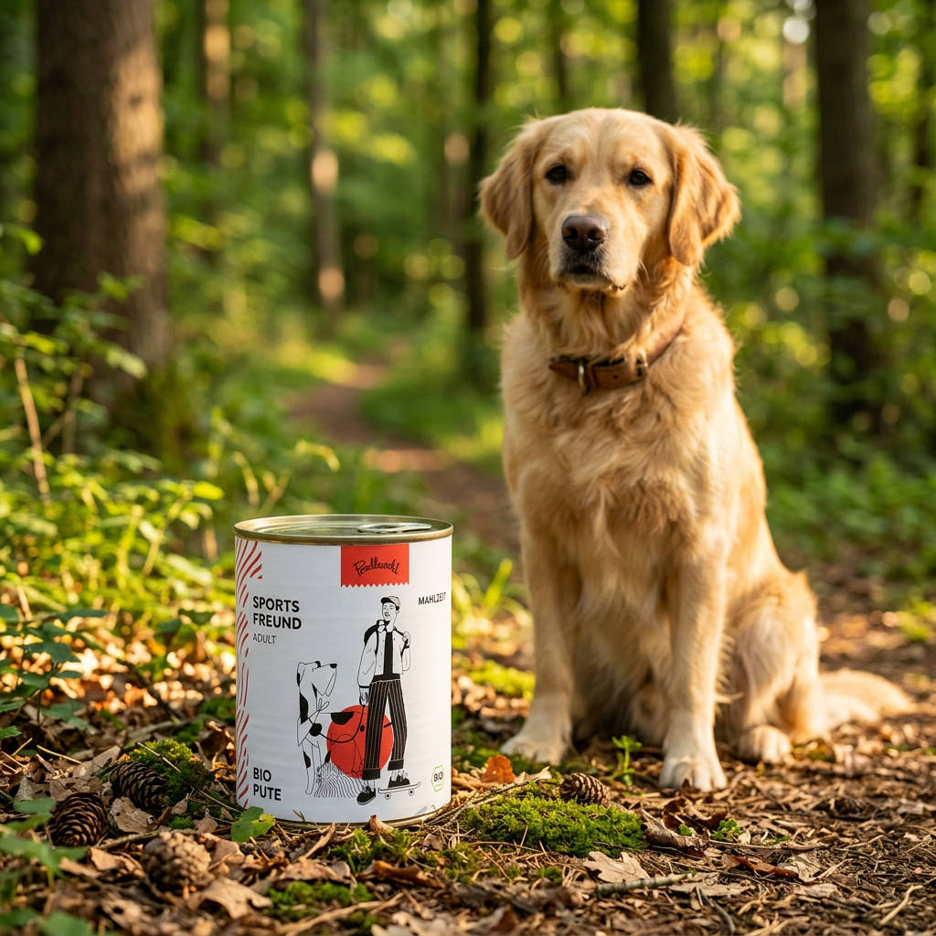Poodlewohl Bio Nassfutter Pute Adult Dose neben Golden Retriever im Wald als natürliche Bio-Mahlzeit für ausgewachsene Hunde