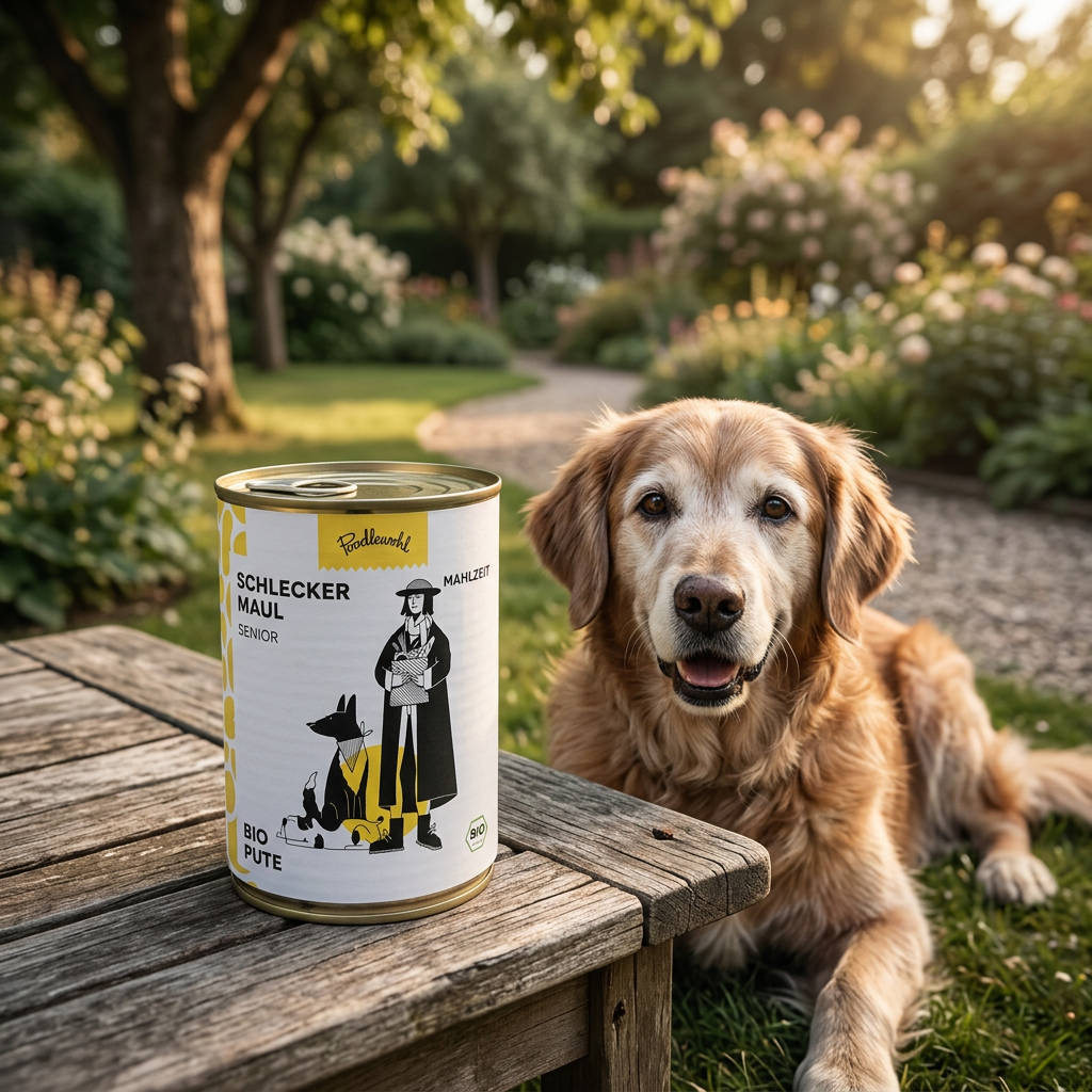 Poodlewohl Bio Nassfutter Pute Senior 400g Dose neben älterem Hund in ruhiger natürlicher Umgebung als Bio-Mahlzeit für Senior-Hunde