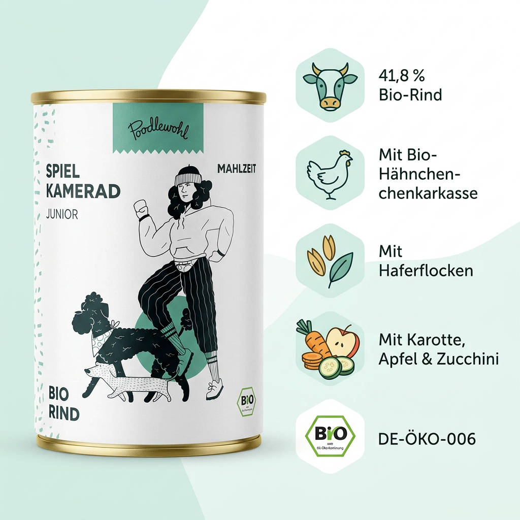 Poodlewohl Bio Nassfutter Rind Junior Featurebild mit 41,8 Prozent Bio-Rind, Bio-Hähnchenkarkasse, Haferflocken, Karotte, Apfel und Zucchini