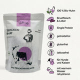 Poodlewohl Trockenbarf Bio-Huhn Rezepturbild mit 100 Prozent Bio-Huhn, Brustfleisch, Leber, Single Protein und Hinweis zur Rehydrierung