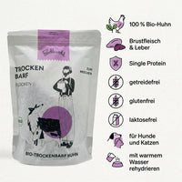 Poodlewohl Trockenbarf Bio-Huhn Rezepturbild mit 100 Prozent Bio-Huhn, Brustfleisch, Leber, Single Protein und Hinweis zur Rehydrierung