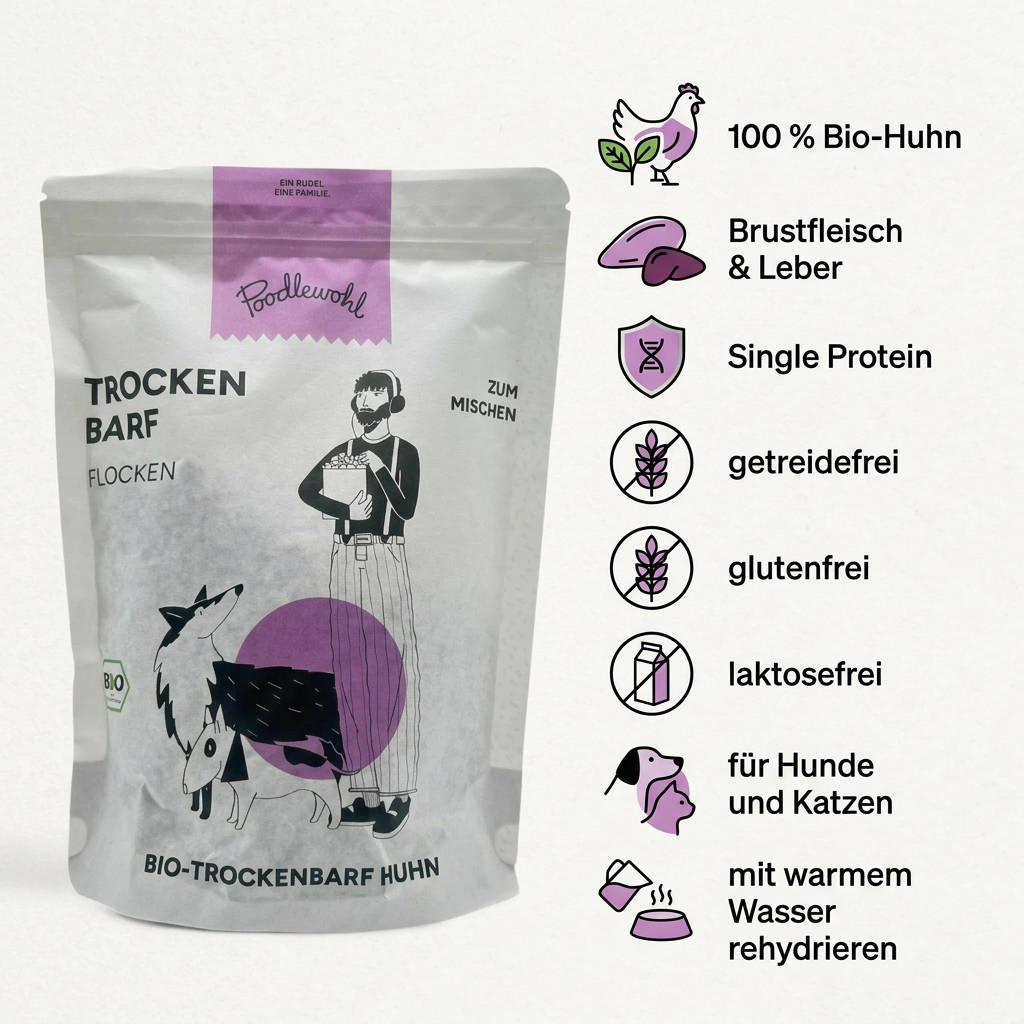 Poodlewohl Trockenbarf Bio-Huhn Rezepturbild mit 100 Prozent Bio-Huhn, Brustfleisch, Leber, Single Protein und Hinweis zur Rehydrierung