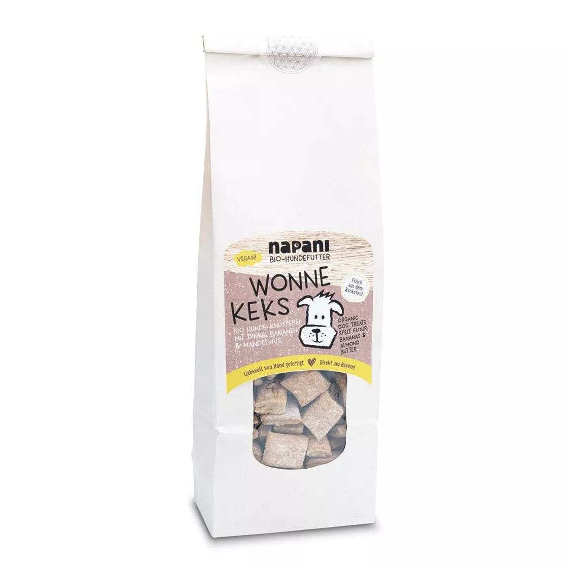 Die veganen Wonne-Kekse für Hunde sind knusprige Snacks aus Bio-Dinkel, Banane und Mandelmus – handgemacht in Bayern, plastikfrei verpackt und komplett frei von künstlichen Zusätzen. Ideal als gesunder, nachhaltiger Leckerbissen für zwischendurch.

