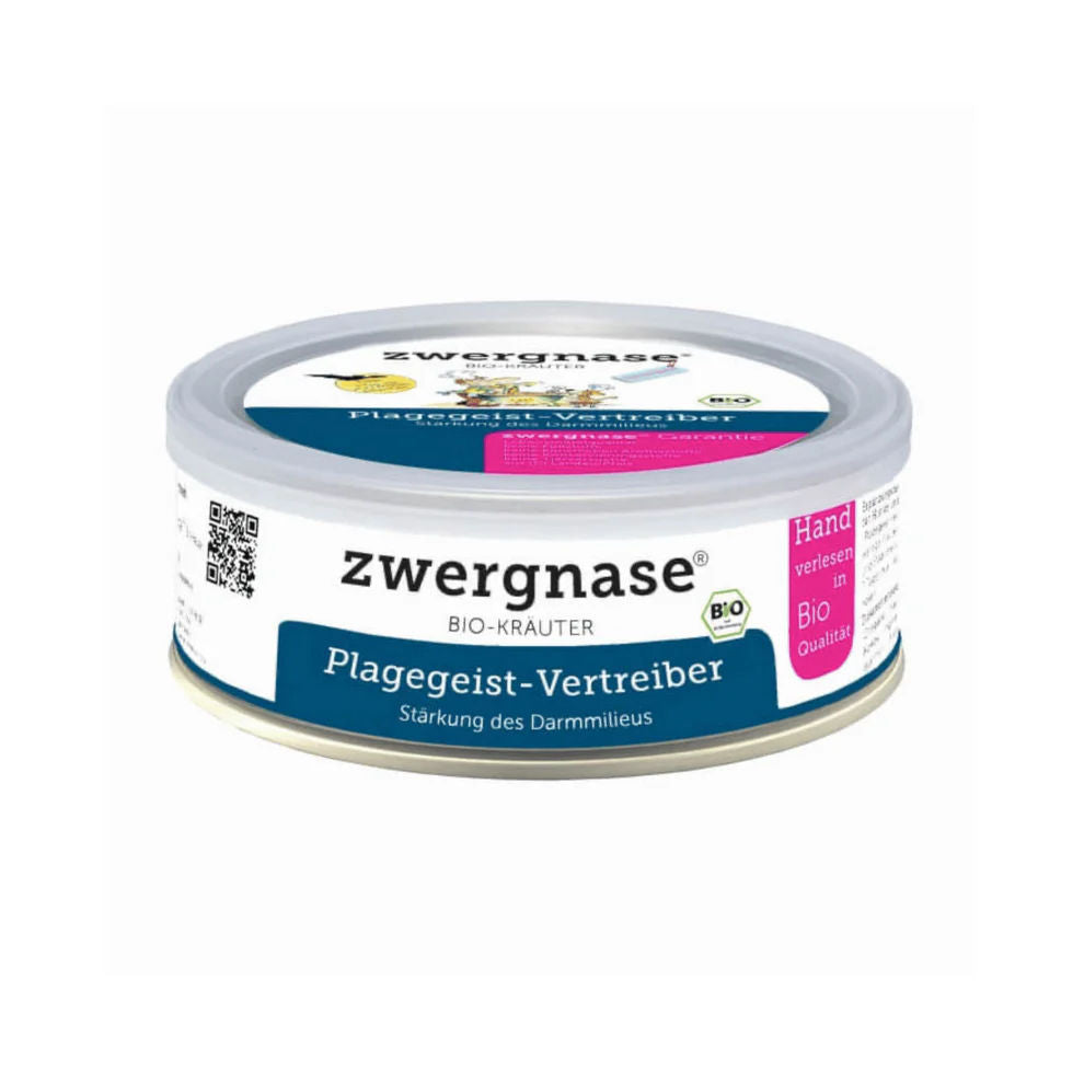 Plagegeist-Vertreiber – natürliche Kräutermischung zur Unterstützung der Darmgesundheit bei Hunden und Katzen. Mit Bio-Thymian, Oregano, Kürbiskernen, Karotten, Ingwer, Kokos, Kümmel, Kurkuma, Wermut, Kardenwurzel und Pfeffer. Ideal als 7-Tage-Kur zur Pflege und Stabilisierung des Darmmilieus.